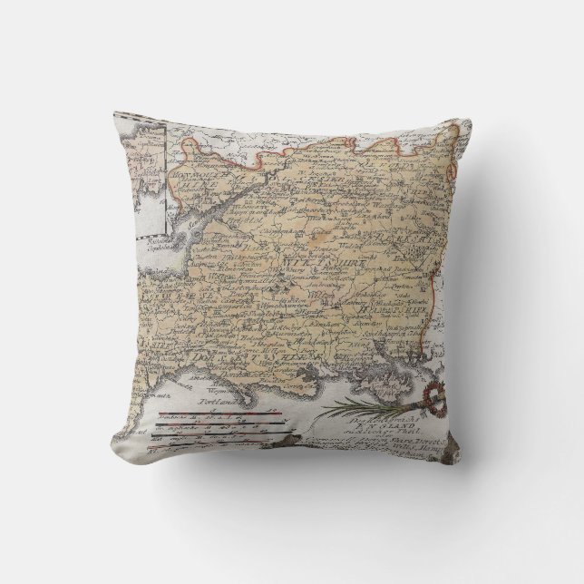Antique Map of Southern England, Devon, Cornwall Cushion (Front)