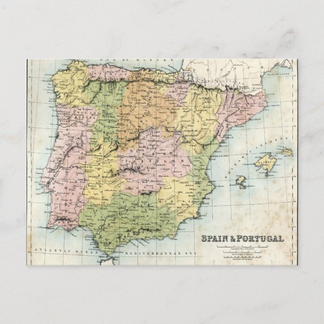 Antique map of Spain and Portugal Postcard (Front)