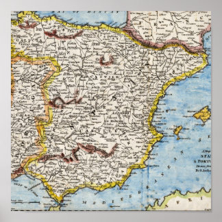 Antique Map of Spain & Portugal circa 1700's Poster