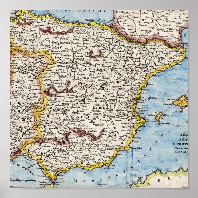 Antique Map of Spain & Portugal circa 1700's Poster (Front)
