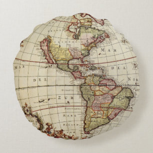 Antique Map of the Americas by Johannes De Ram Round Cushion