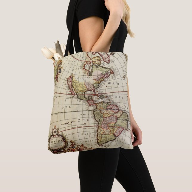 Antique Map of the Americas by Johannes De Ram Tote Bag (Close Up)
