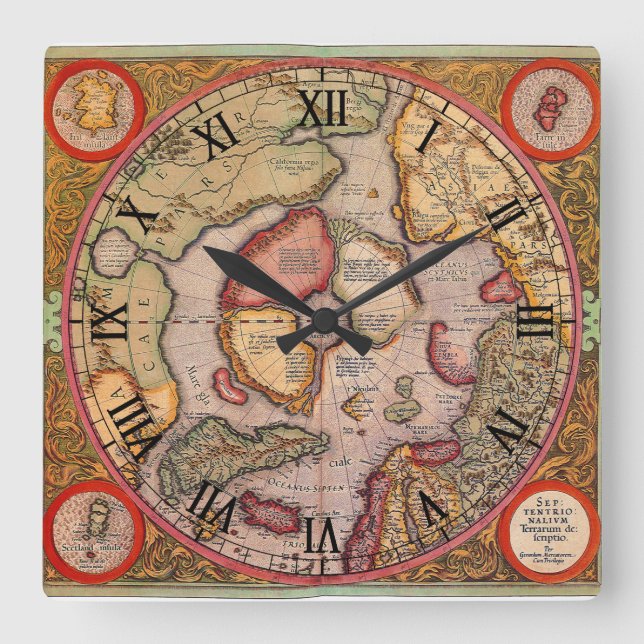 Antique Map of the North Pole Map by Mercator Square Wall Clock (Front)