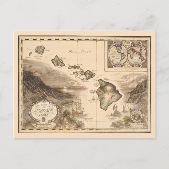 Antique map of the Sandwich Isles Hawaii 1700s Postcard (Front)