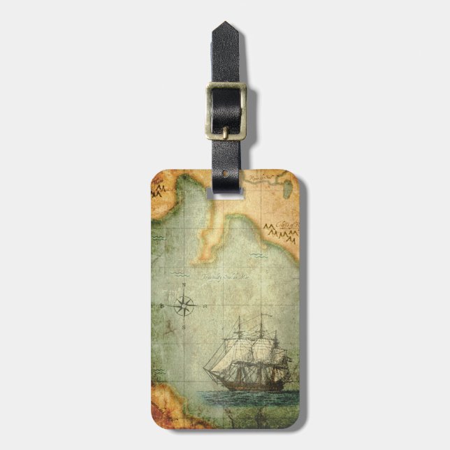 Antique Map & Ship Luggage Tag (Front Vertical)