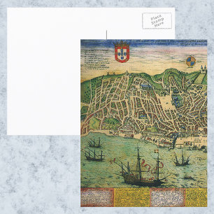 Antique Map, Town Plan of Lisbon, Portugal, 1598 Postcard