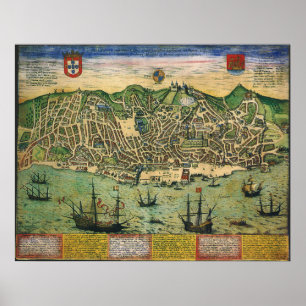Antique Map, Town Plan of Lisbon, Portugal, 1598 Poster