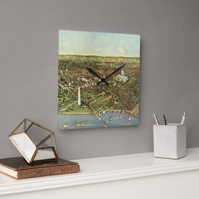 Antique Map with a Panoramic View of Washington DC Square Wall Clock (Office)