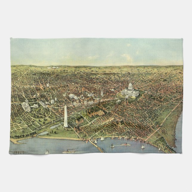 Antique Map with a Panoramic View of Washington DC Tea Towel (Horizontal)