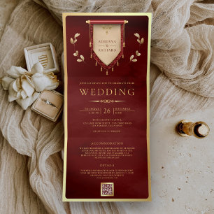 Antique Maroon Red Gold Scroll Mediaeval Wedding Tri-Fold Invitation