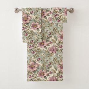 Antique Mauve Roses on Mint Bath Towel Set