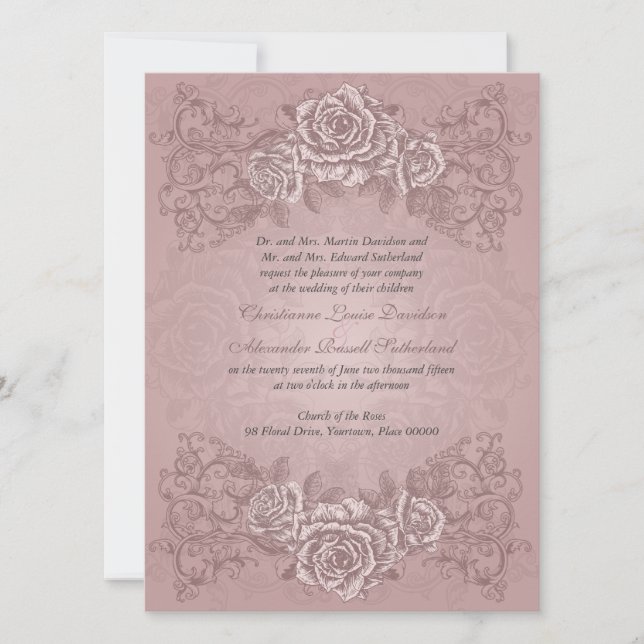 Antique Mauve Roses Wedding Invitation (Front)