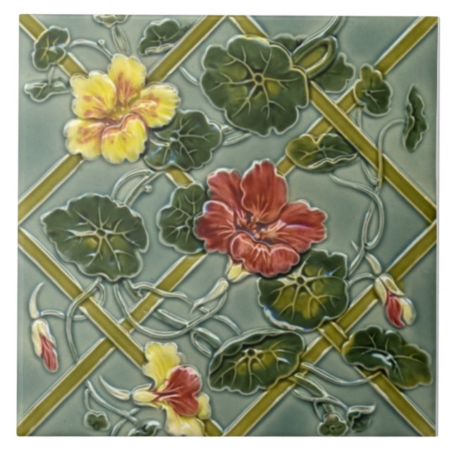 Antique Minton Floral Trellis Majolica Tile Repro (Front)