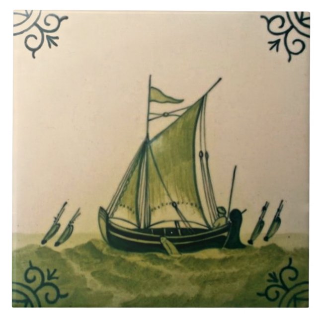Antique Minton Hollins Sailboat Ship Tile #1 Repro (Front)
