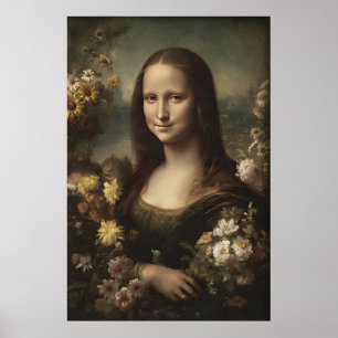 Antique Mona Lisa Portrait Print, Flower Decor