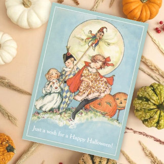 Antique Moon & Masked Children Vintage Halloween Card
