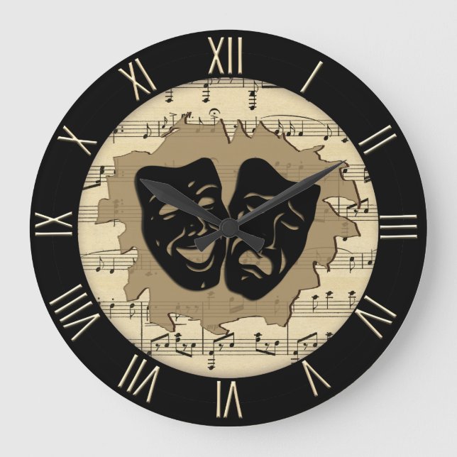 Antique Music and Theatre Masks Roman Numerals Large Clock (Front)
