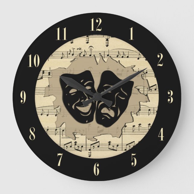 Antique Music and Theatre Masks with Numbers Large Clock (Front)