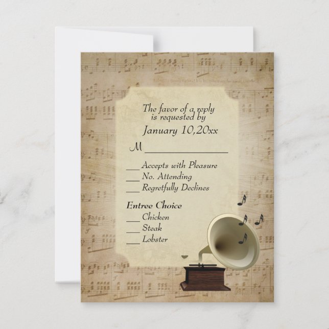 Antique Music Theme with Entree Choices RSVP Card (Front)