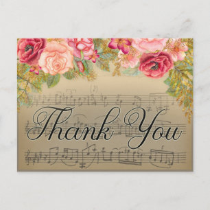 Antique Music w/ pink Yellow Gold Floral Thank You Postcard