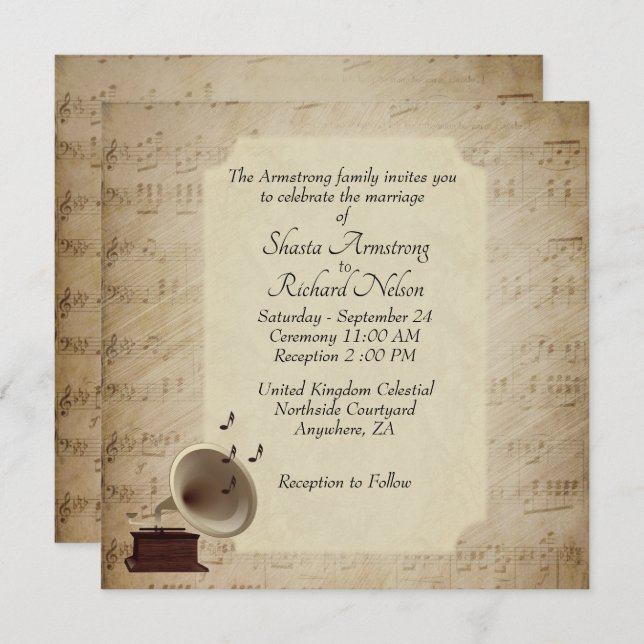 Antique Music Wedding Theme Invitation (Front/Back)