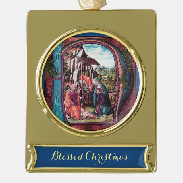 ANTIQUE NATIVITY PARCHMENT MONOGRAM Christmas Gold Plated Banner Ornament (Front)