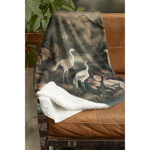 Antique Naturalist White Crane River Scene Fleece Blanket