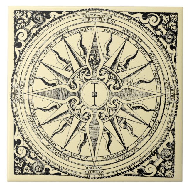 Antique Nautical Compass And Winds Print Ceramic Tile (Front)