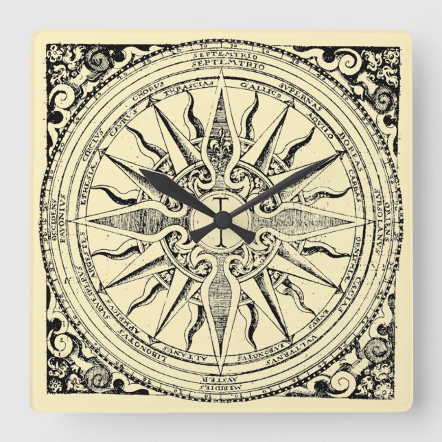Antique Nautical Compass And Winds Print Square Wall Clock (Front)
