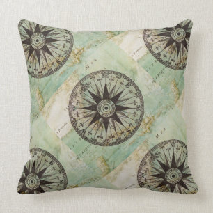 Antique Nautical Compass & Map Pillow