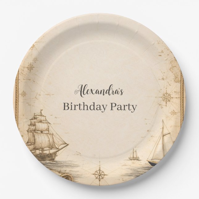Antique Nautical Map Birthday Paper Plate (Front)