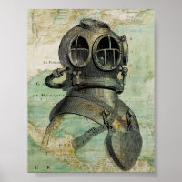 Antique Nautical Map & Dive Helmet Poster