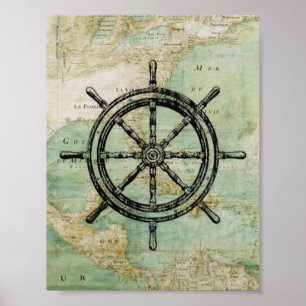 Antique Nautical Ships Wheel & Map Poster