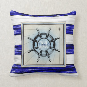 Antique nautical ships wheel monogram design, cushion