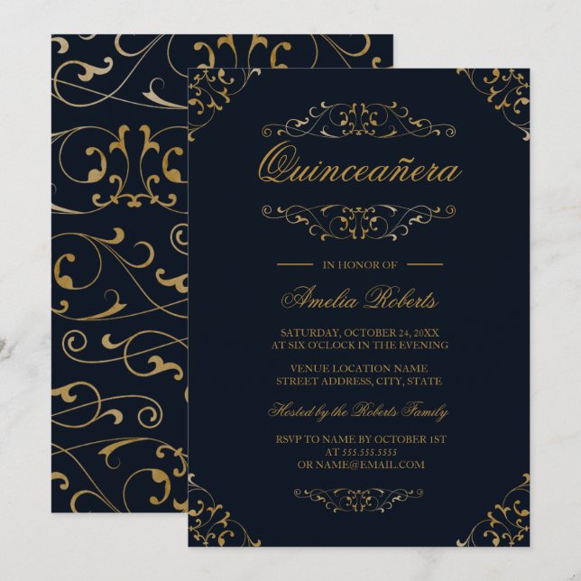 Antique Navy Gold Flourish Quinceanera Invitation (Front/Back)