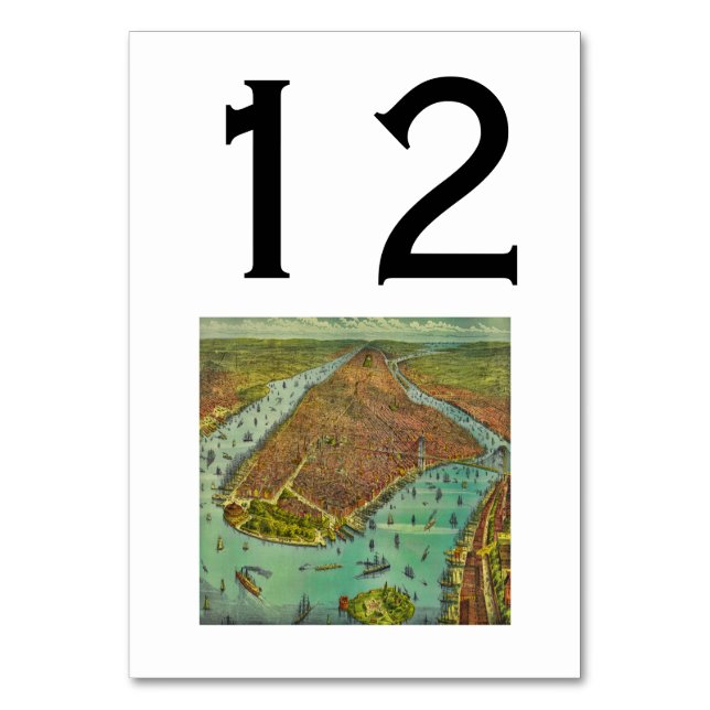 Antique New York City Map, DIY Colour BG Table Number (Front)