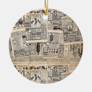 Antique Newspaper Advertisement Sheets Decoupage Ceramic Ornament