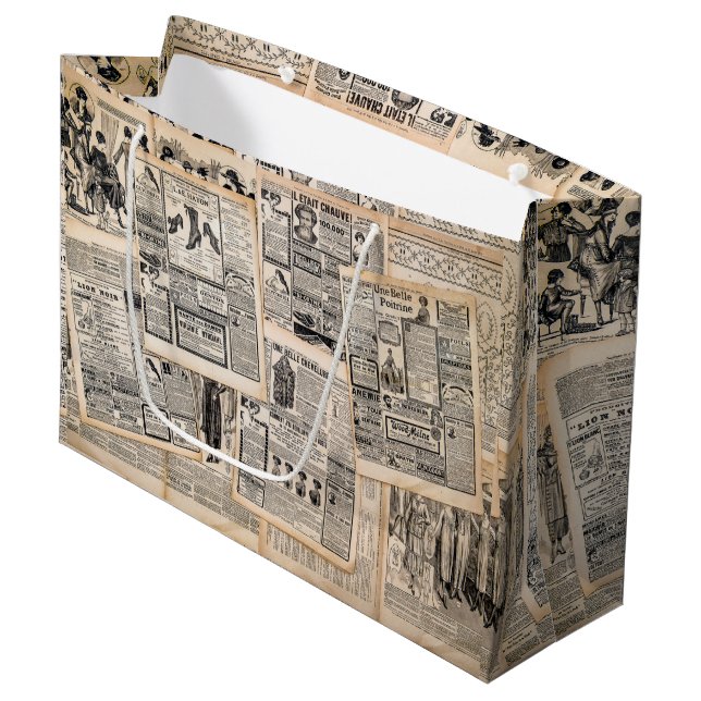 Antique Newspaper Advertisement Sheets Decoupage Large Gift Bag (Front Angled)