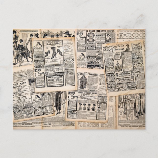 Antique Newspaper Advertisement Sheets Decoupage Postcard (Front)