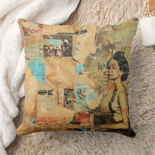 Antique Newspaper Women Sepia Blue Retro Cushion