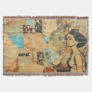 Antique Newspaper Women Sepia Blue Retro Throw Blanket