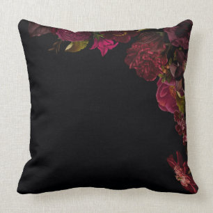 Antique Nostalgic Dark Roses And Flowers On Black Cushion