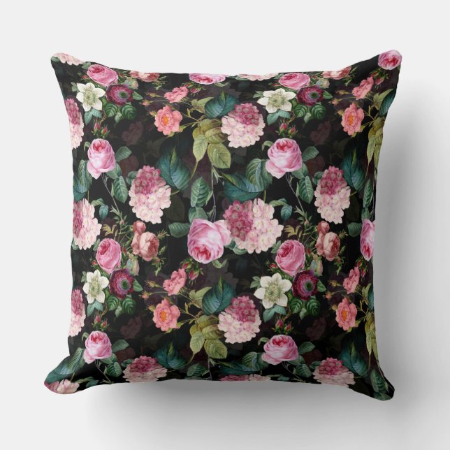 Antique Nostalgic Redouté Roses Pattern black Cushion (Front)