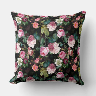 Antique Nostalgic Redouté Roses Pattern black Cushion