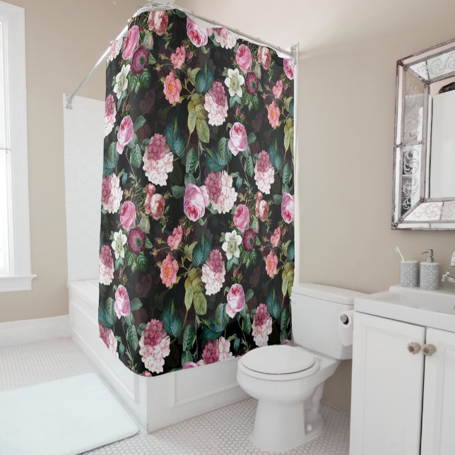 Antique Nostalgic Redouté Roses Pattern black Shower Curtain (In Situ)