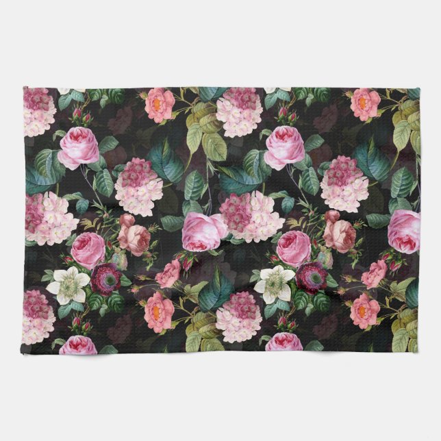 Antique Nostalgic Redouté Roses Pattern black Tea Towel (Horizontal)