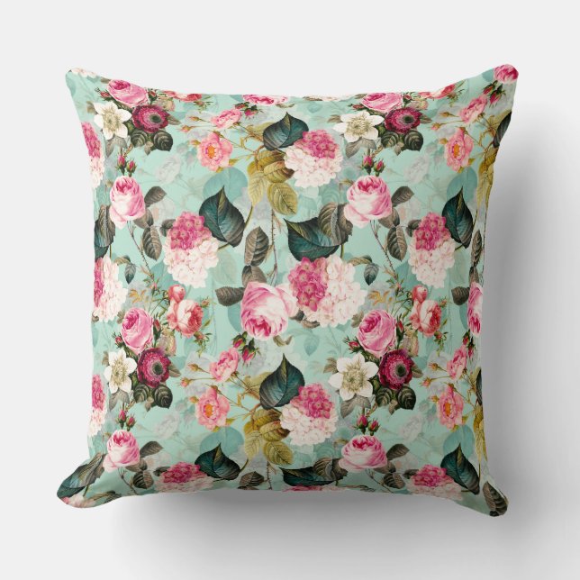 Antique Nostalgic Redouté Roses Pattern mint Cushion (Front)