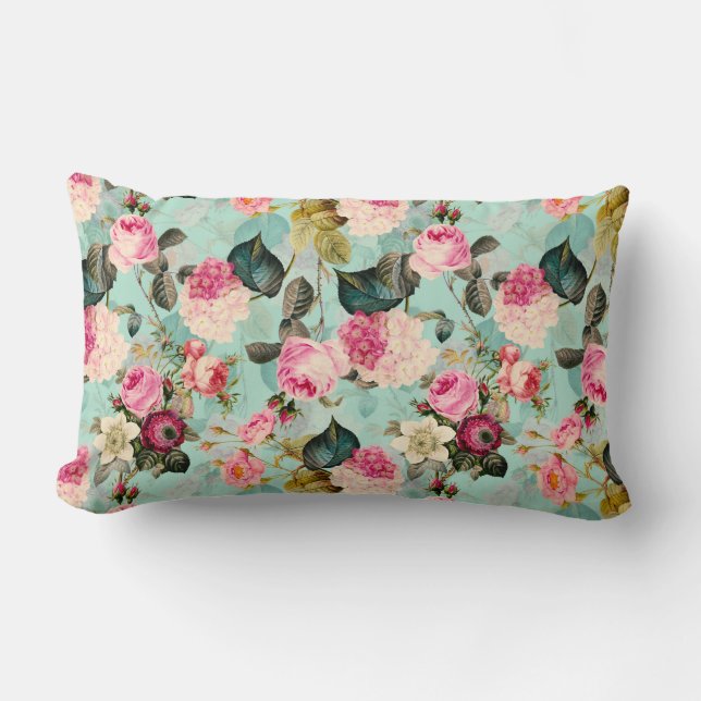 Antique Nostalgic Redouté Roses Pattern mint Lumbar Cushion (Front)