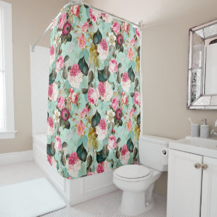 Antique Nostalgic Redouté Roses Pattern mint Shower Curtain