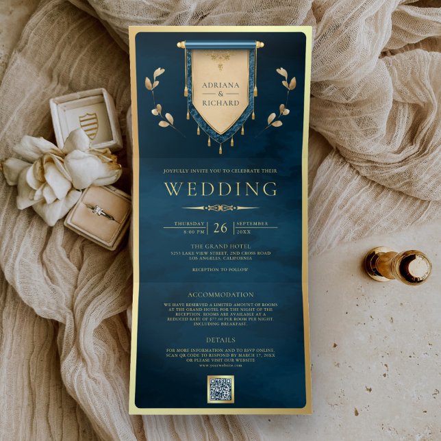 Antique Ocean Blue Gold Scroll Mediaeval Wedding Tri-Fold Invitation (Creator Uploaded)